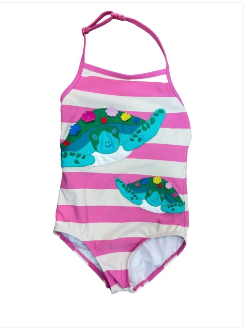 Mini Boden: Girls One Piece Swimsuit 5-6Y Pink Striped Turtle Applique Halter